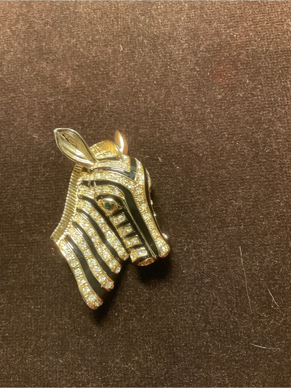 Gold Zebra Head Lapel Pin with Black Enamel Stripes and Crystal Accents